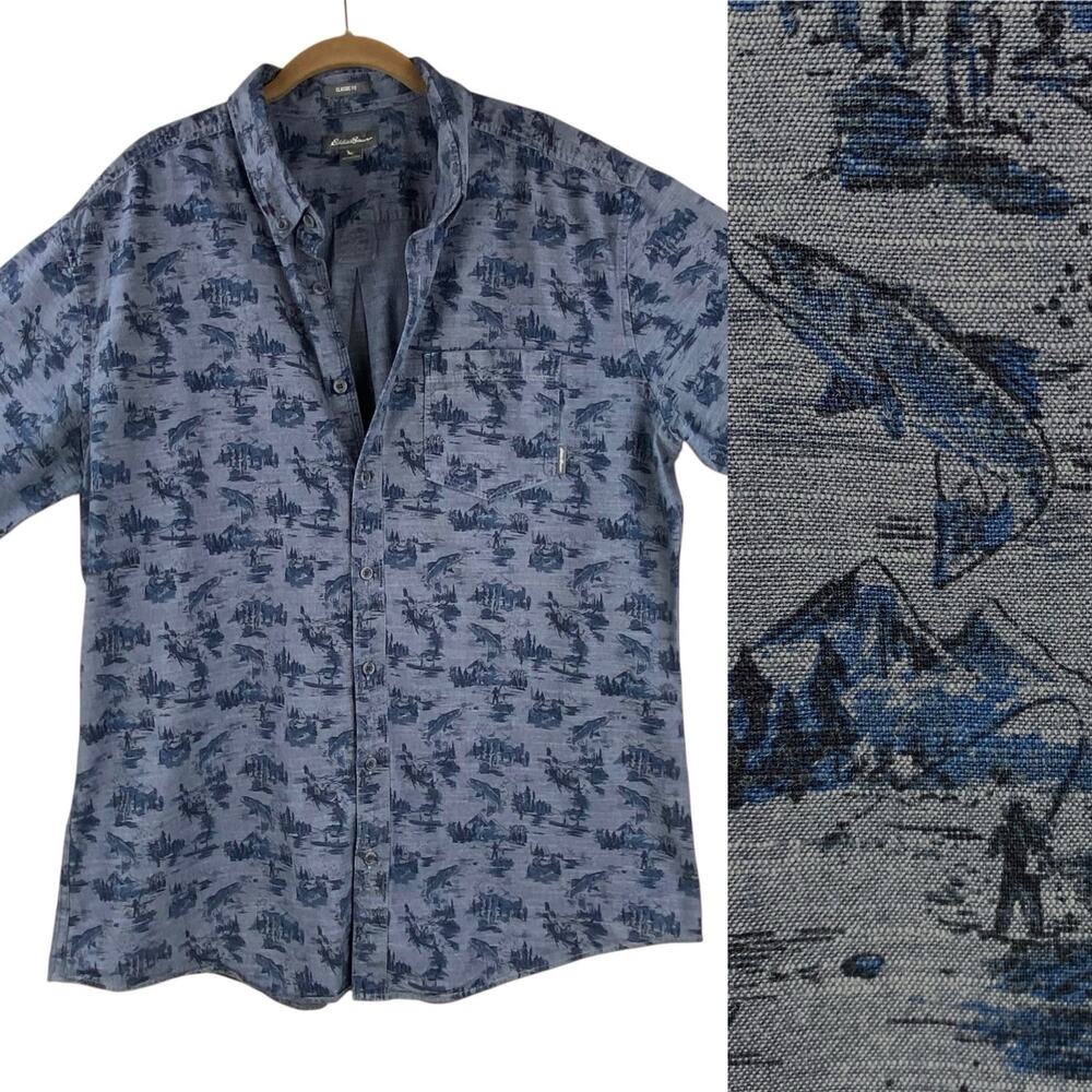 Eddie Bauer 100% Cotton Fishing Shirt Size XL Tall Blue Button Down